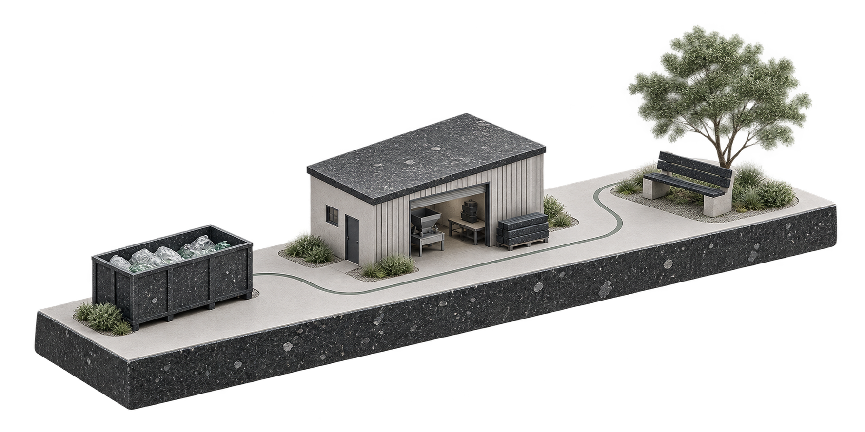 地域の回収、製造、ベンチとしての利用を結ぶ小さな模型